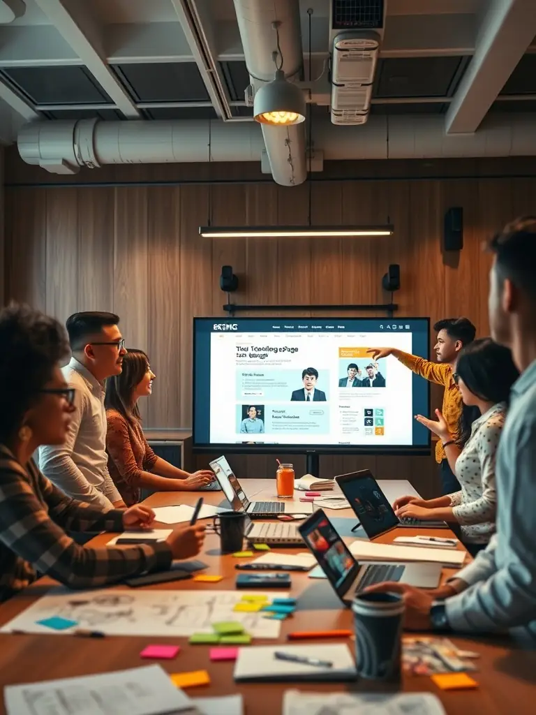 A team of designers collaborating on a project in a modern office.